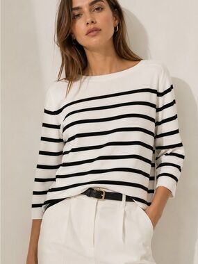 Striped Boatneck Knit Top in White and Black